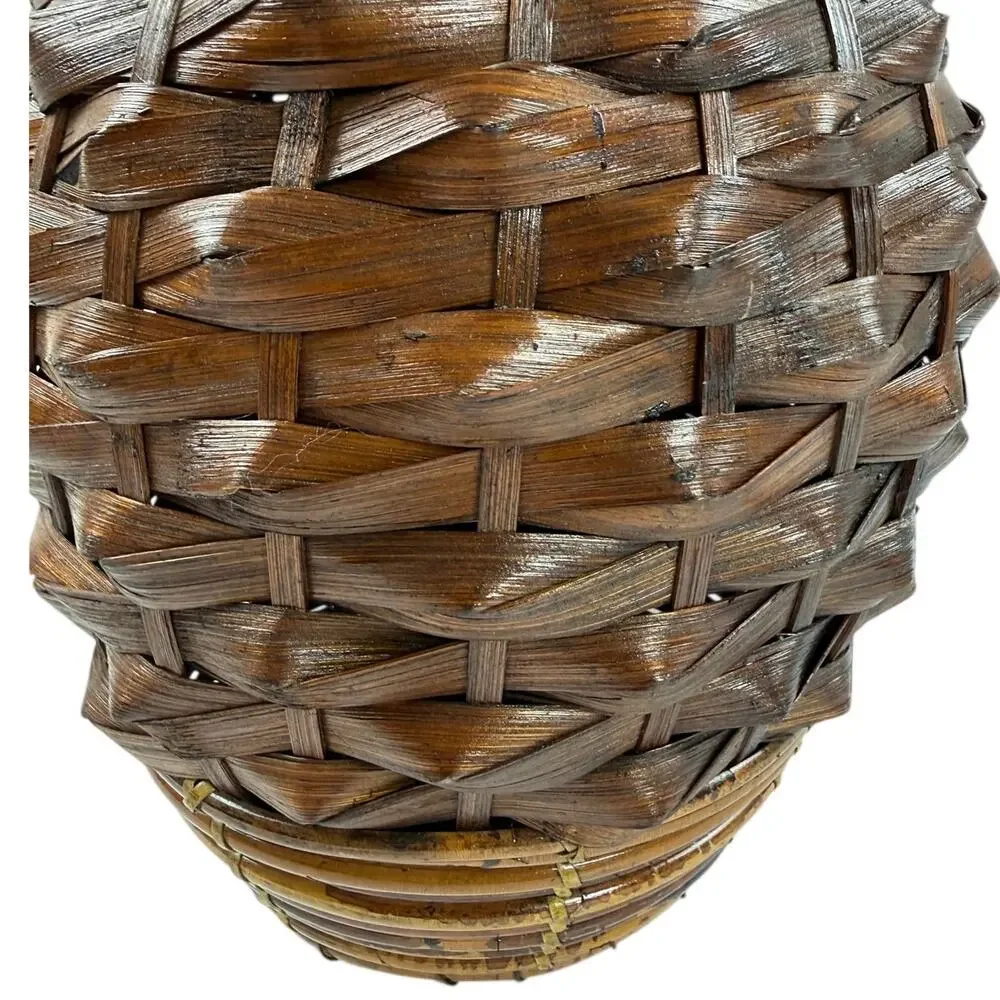 Vintage 90s Handwoven Rattan Wicker Vase 15” Brown Boho Basket Decor